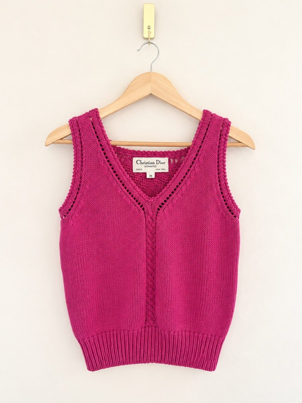 Christian Dior Fuchsia V-Neck Cable Knit Sweater Vest Top Size M